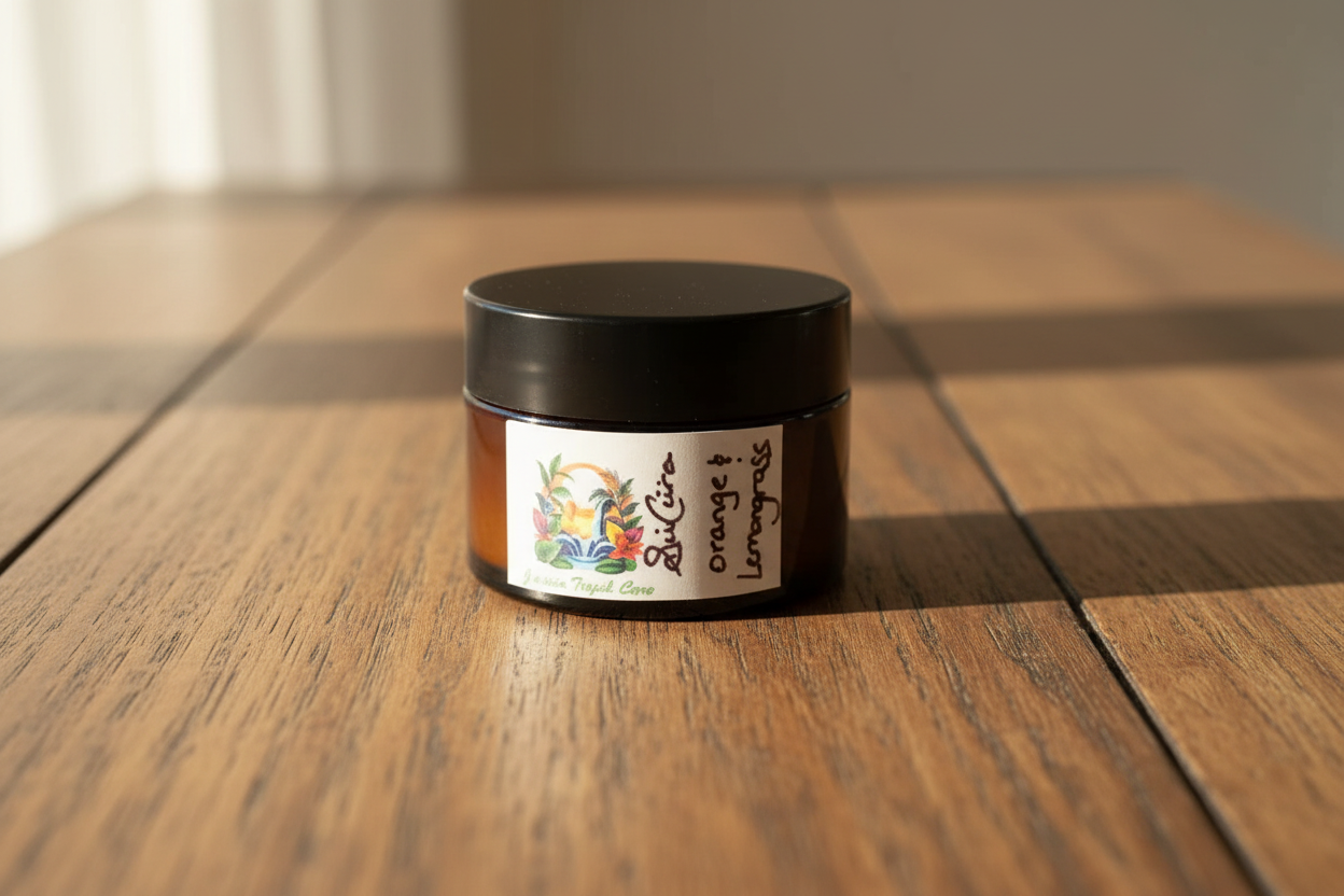 All-Natural Orange & Lemongrass Full Body Salve on wooden table