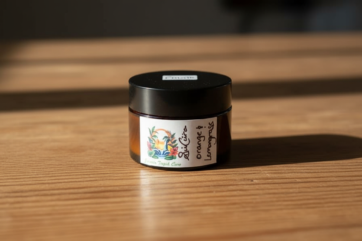 All-Natural Orange & Lemongrass Full Body Salve on wooden table
