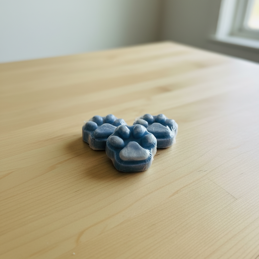 Blue paw prints light wood