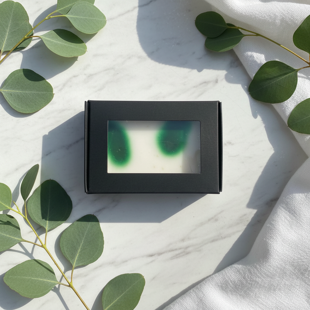 Soap with marble and eucalyptus background